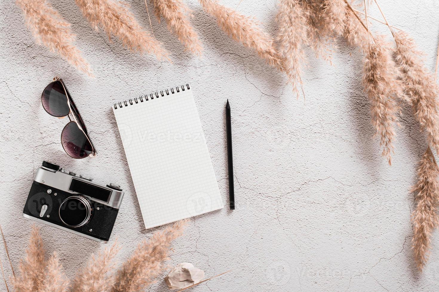 Flat lay concept travel. Notepad, pencil, vintage camera and sunglasses surrounded by grass on a textured concrete background. photo