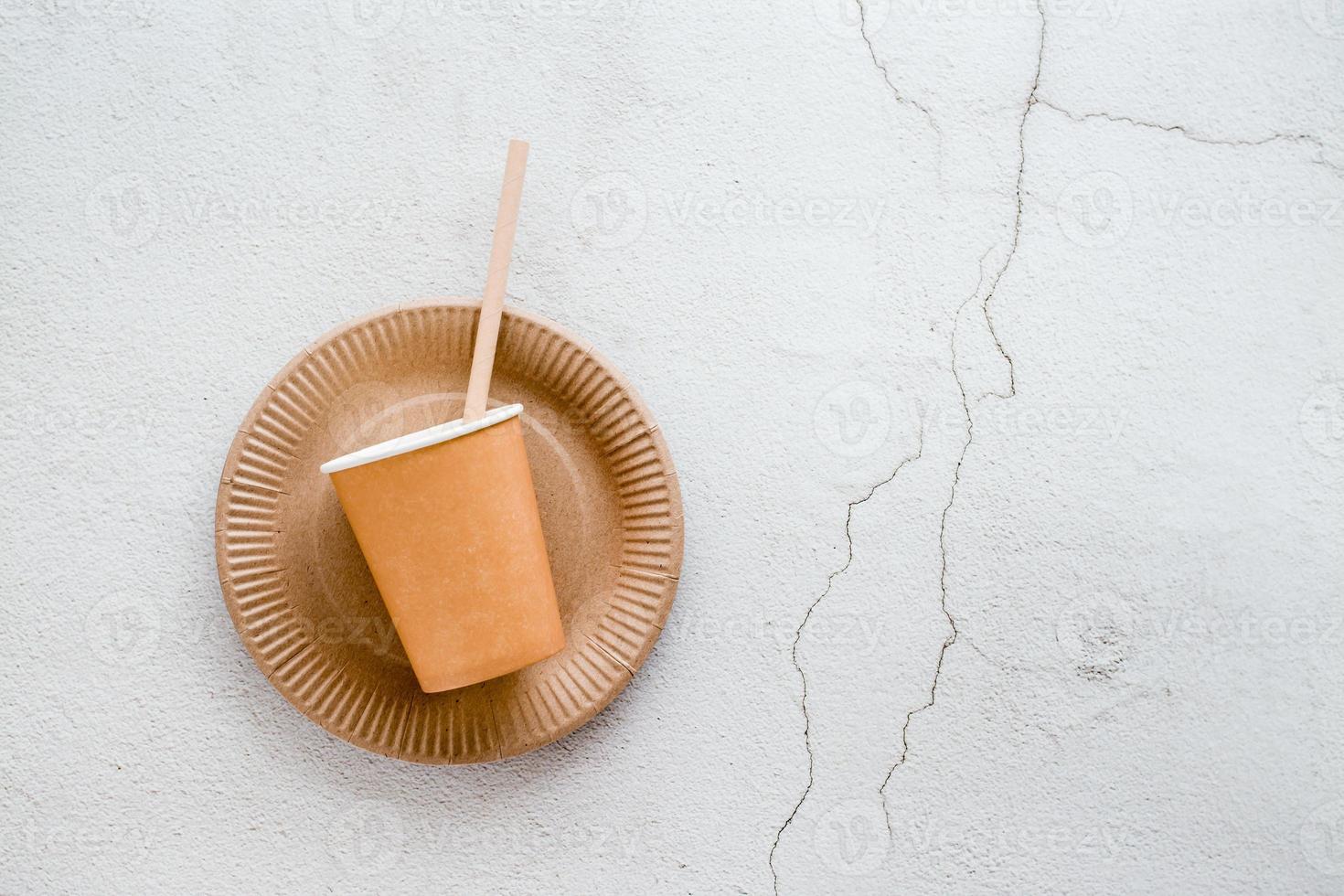 Eco friendly disposable cardboard tableware. A cup and a tube lie on a plate on a light background. Top view. Copy space photo