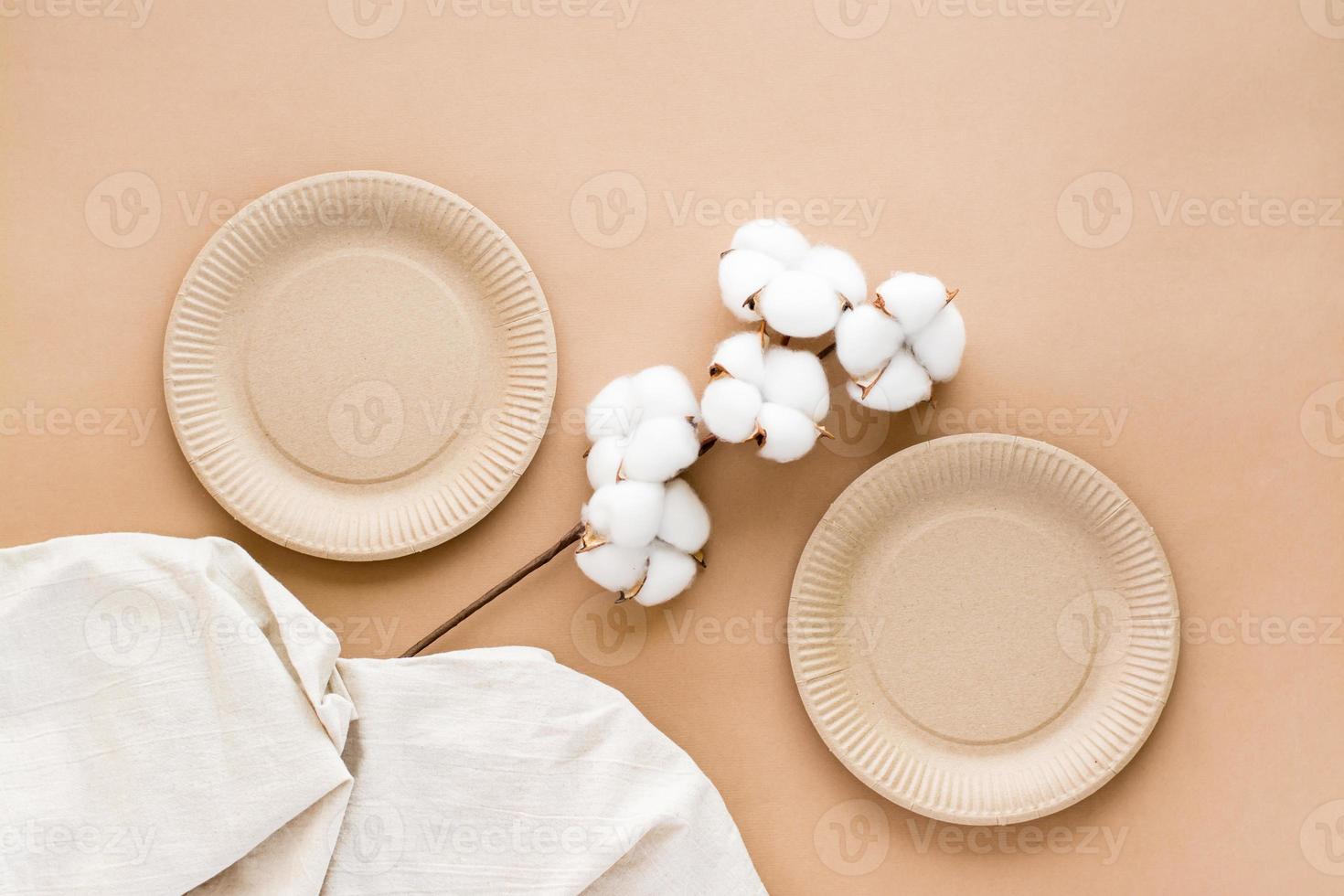 Cardboard plates and a branch of cotton on a beige background. Eco friendly and zero waste concept. Top view. photo