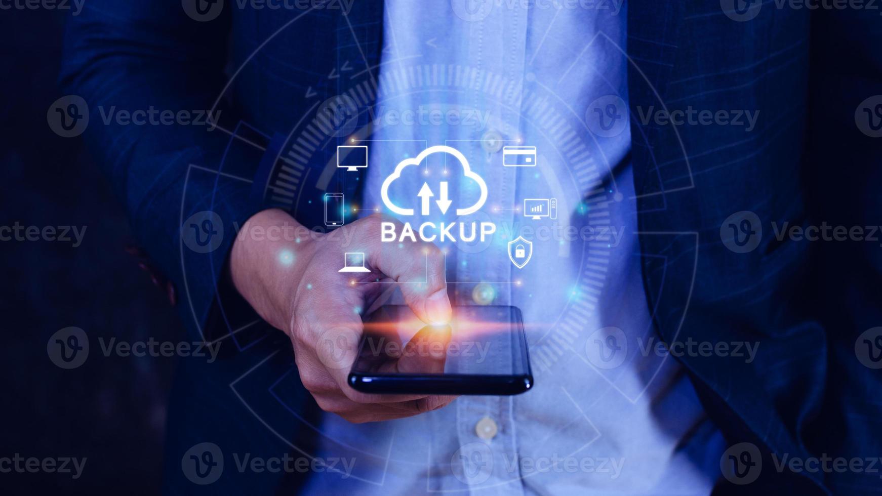 Internet data storage backup on smart phone, technology business concept, Cloud technology, Data storage, Networking and internet service concept. photo