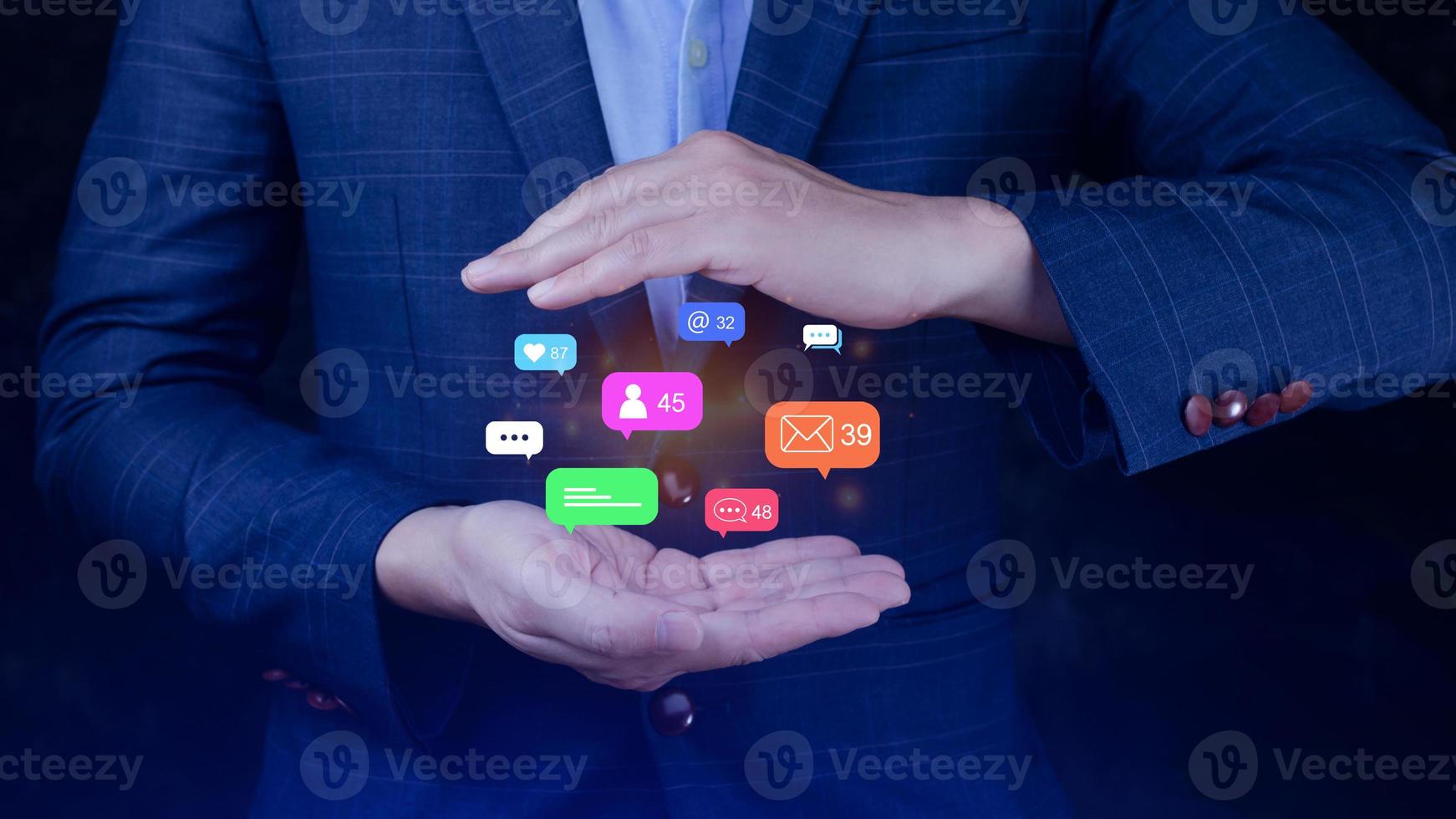 People using social media and digital online marketing concepts with icons such as notifications, messages, comments on the screen. photo