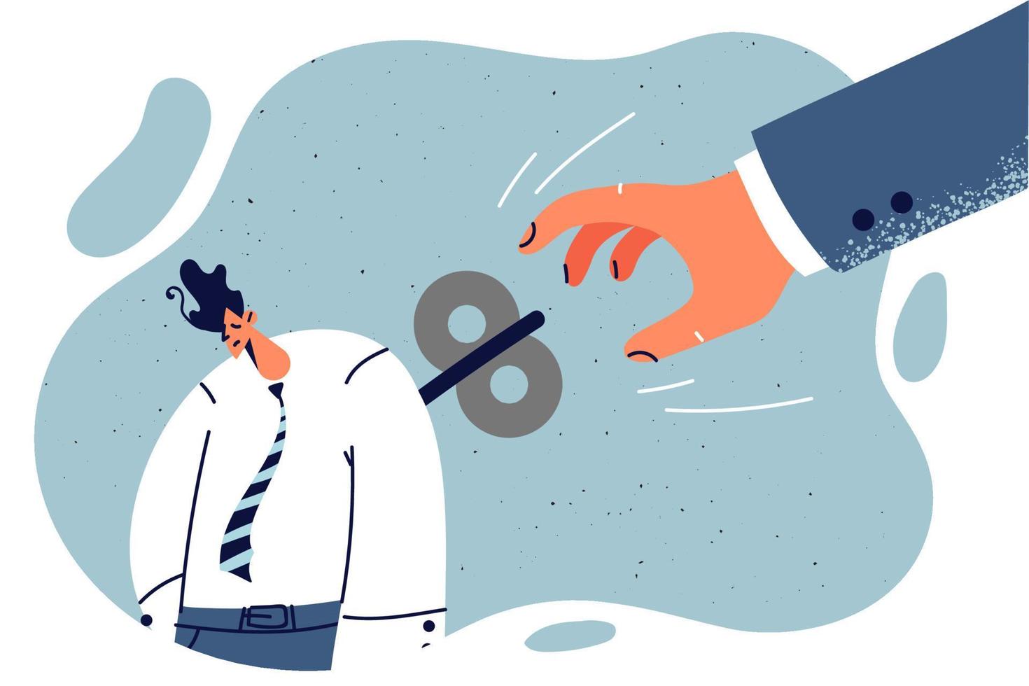 Man office worker is puppet of manager using metal lock to force employee to work. Manager manipulates company employee who is burnt out from overtime and needs rest to recuperate vector