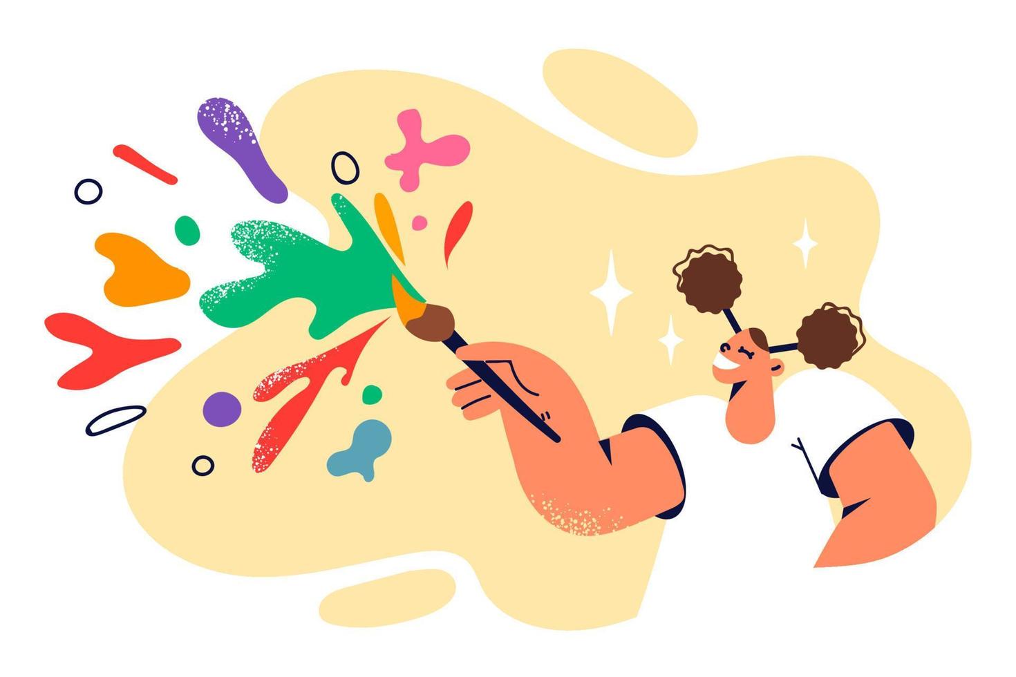 Funny teenage girl wants to become artist uses brush to paint. Schoolgirl with pigtails with brush and colorful splashes flying in different directions symbolizes development creativity in children vector