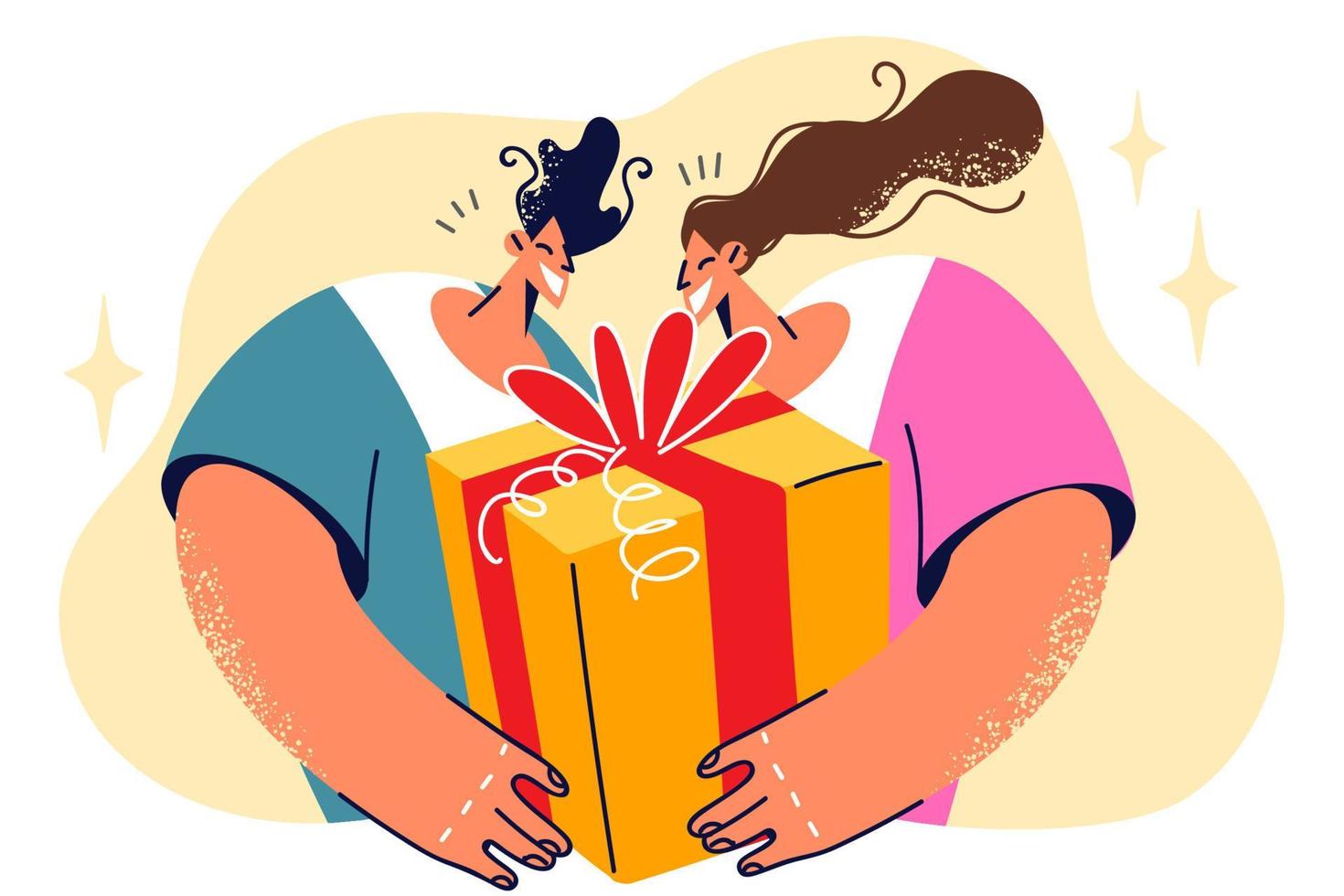 Man and woman with big gift box smiling anticipating emotion of friend who will get birthday present. Young couple received gift in honor of anniversary there since first date or wedding ceremony vector