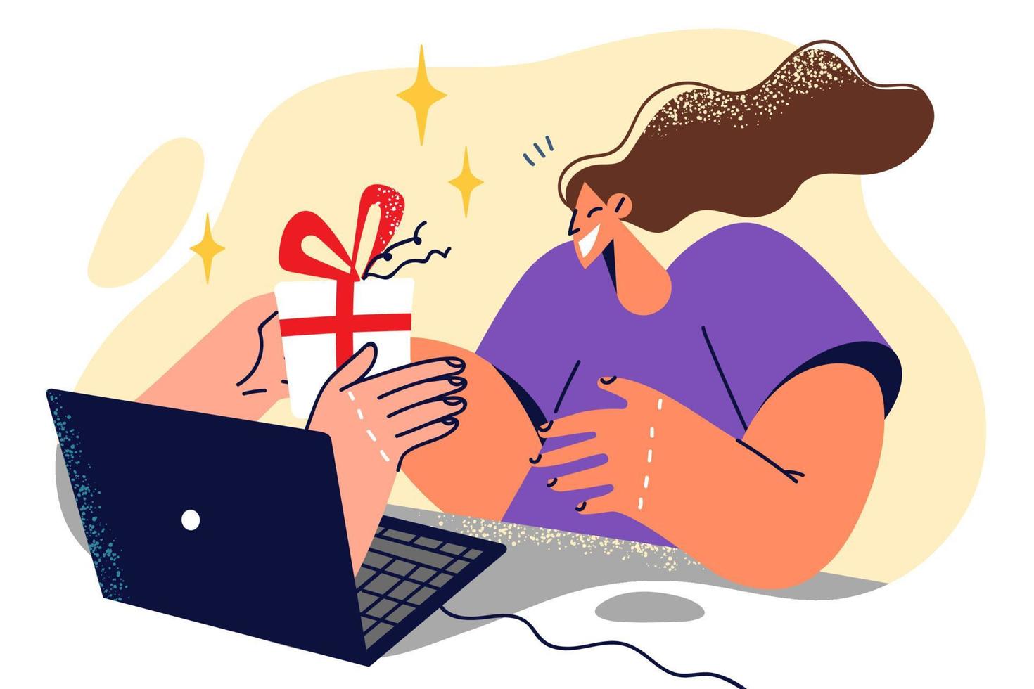 Hands with gift sticking out of laptop reward woman who won Internet contest or wish happy birthday. Girl receives cashback in form of gift box after shopping on Internet sites and online payments vector