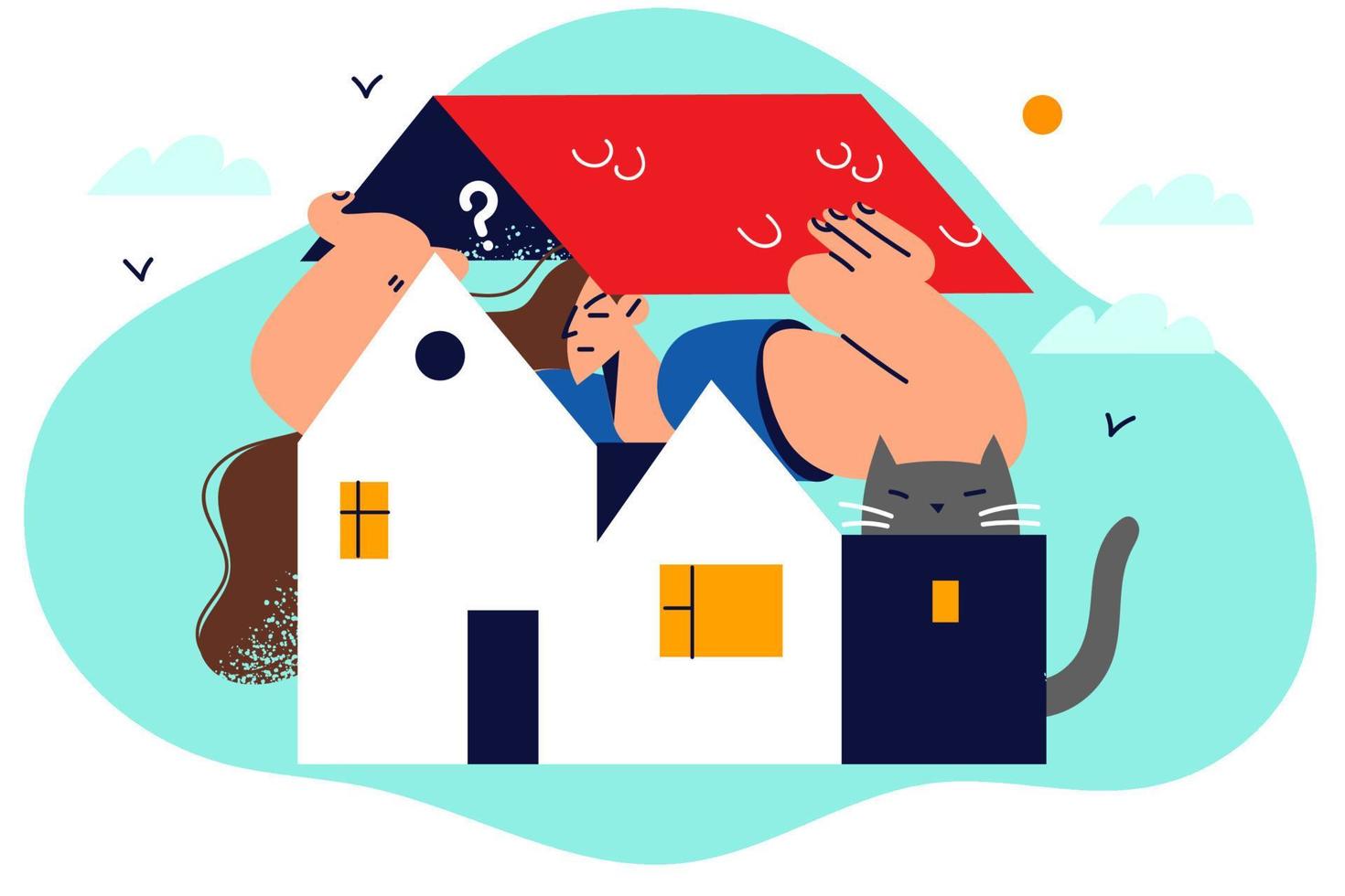 Puzzled woman looks out of miniature house with roof raised over head, stands next to cat and looks into distance. Concept of buying and moving into small house or playing hide and seek with kitten vector