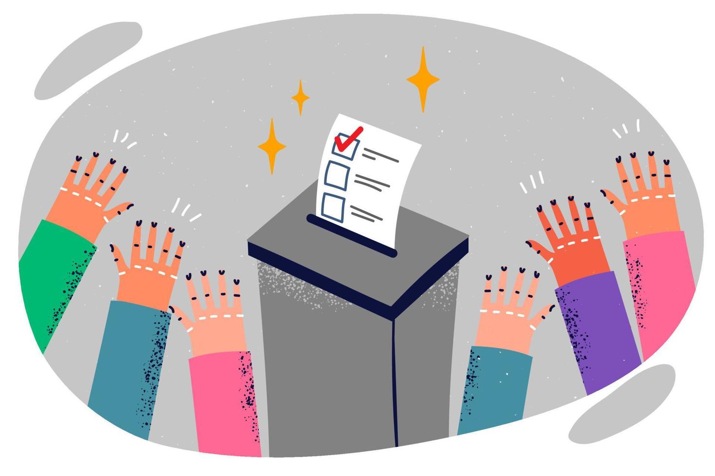 People hands near ballot box for vote and ballot with tick for political party candidate. Concept democratic right to vote in referendum or elections of president and members of parliament vector