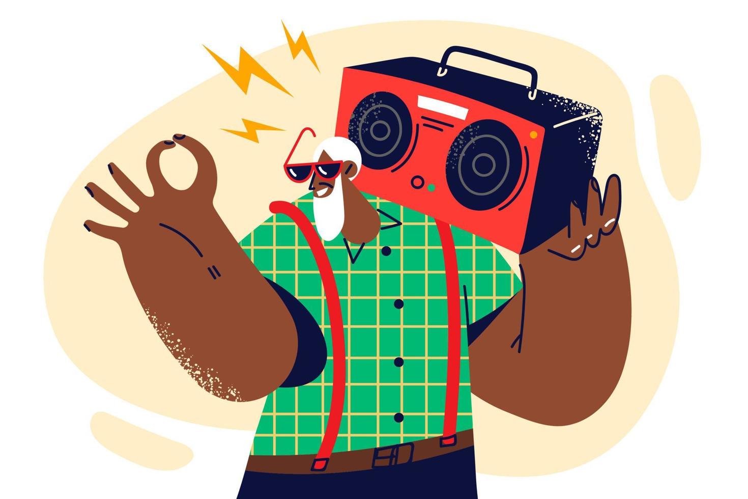 Gray-haired dark-skinned old man with tape recorder on shoulder smiles and shows OK gesture enjoy happy old age. elderly human wants to stay young and carries tape recorder to have retro party vector