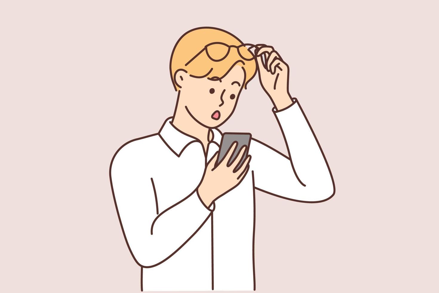 Stunned man take off glasses look at cellphone screen feeling astonished. Shocked guy surprised with message on smartphone. Vector illustration.