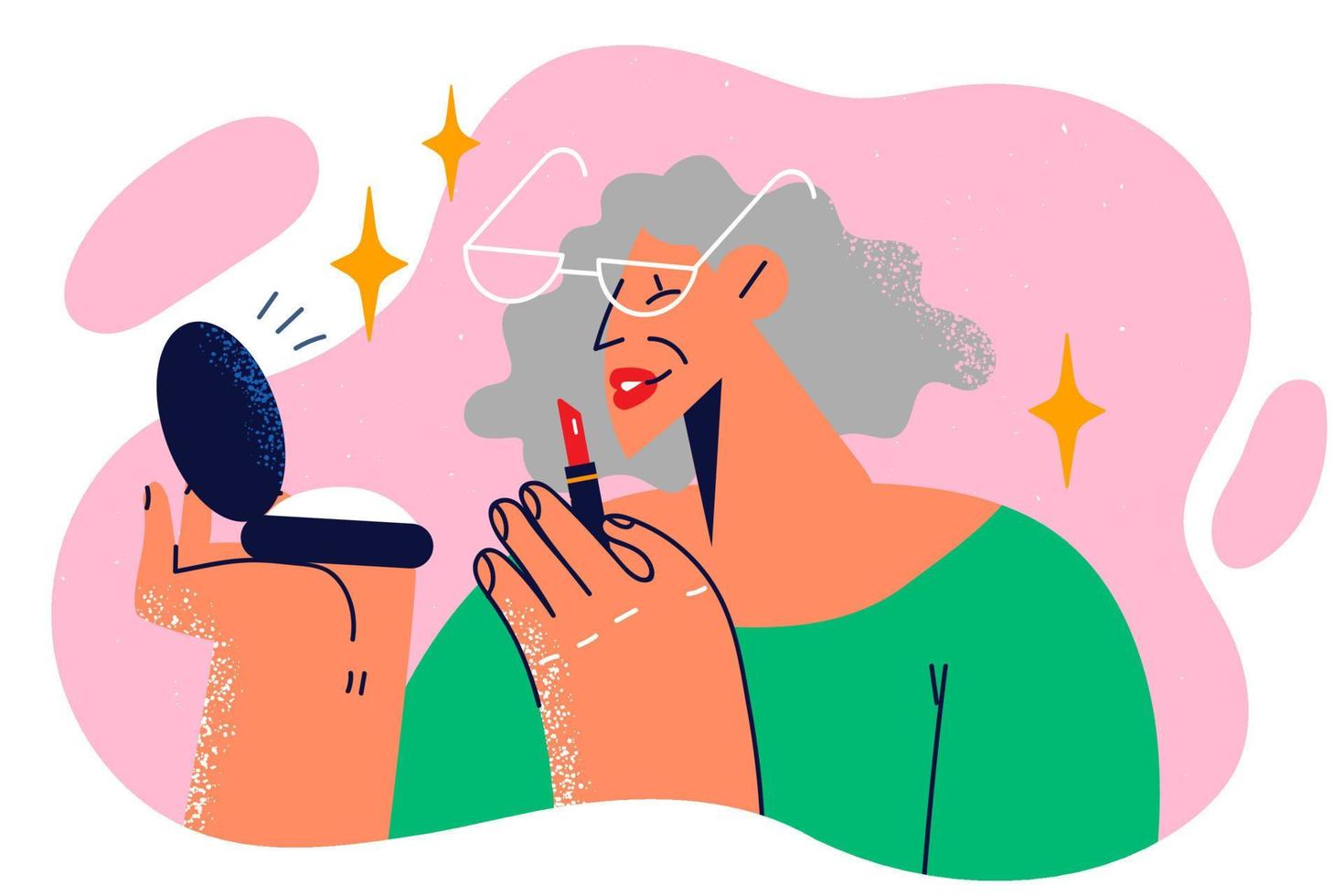 Elderly woman uses lipstick looking in pocket mirror wants to remain beautiful and will be liked by people around. Elderly gray-haired woman does own make-up using high-quality cosmetics to mask age vector