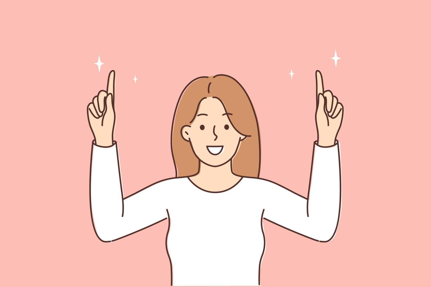 Smiling woman point upward recommend good sale deal or offer. Happy girl show up on discount or promotion. Vector illustration.