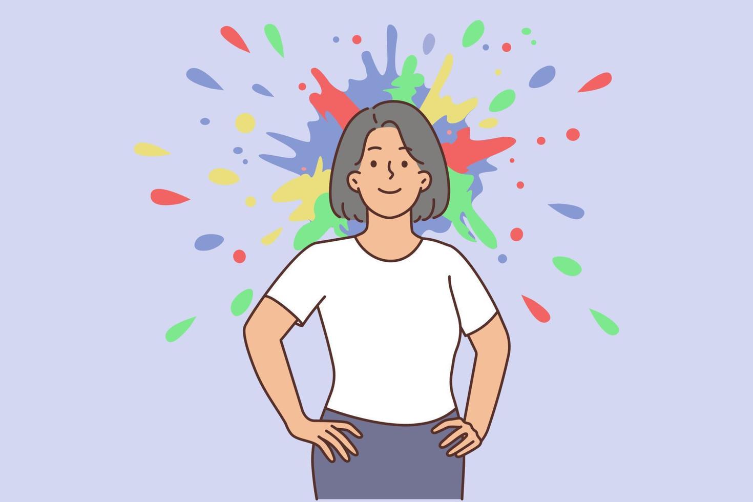 Confident woman with splash behind head engaged in creative thinking. Smiling female feel optimistic enjoy creative process. Vector illustration.