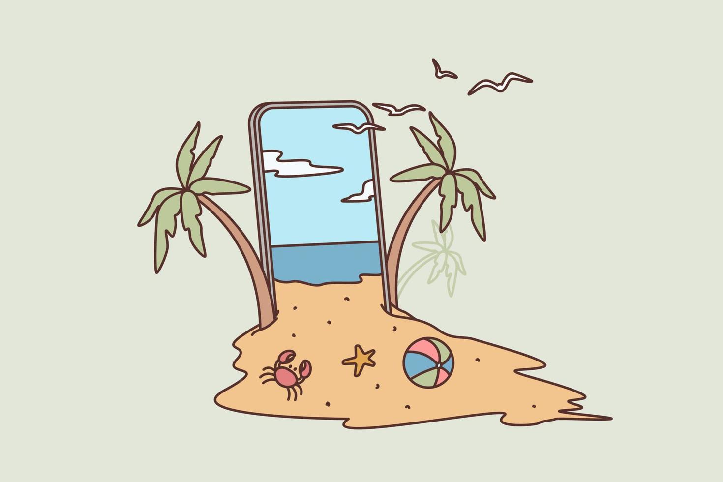 creativo verano playa en teléfono inteligente viaje vacaciones a verano tropical playa isla, palma arboles y nadar anillo . vector ilustración.