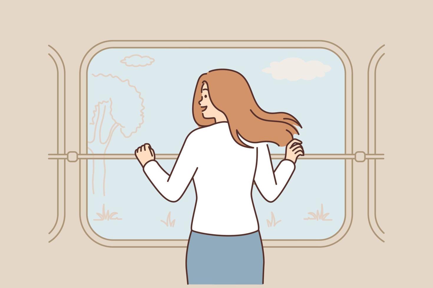 sonriente mujer paseo en tren Mira en ventana a hermosa naturaleza. contento hembra disfrutar ver desde transporte ventana. vector ilustración.