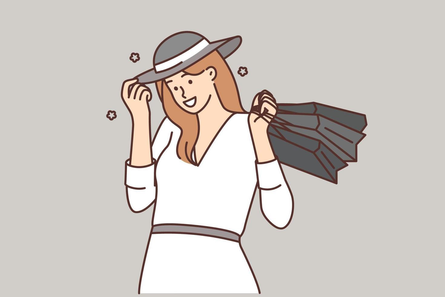 sonriente mujer con compras pantalones en manos emocionado con compras contento hembra cliente haciendo compras en ventas. consumismo. vector ilustración.