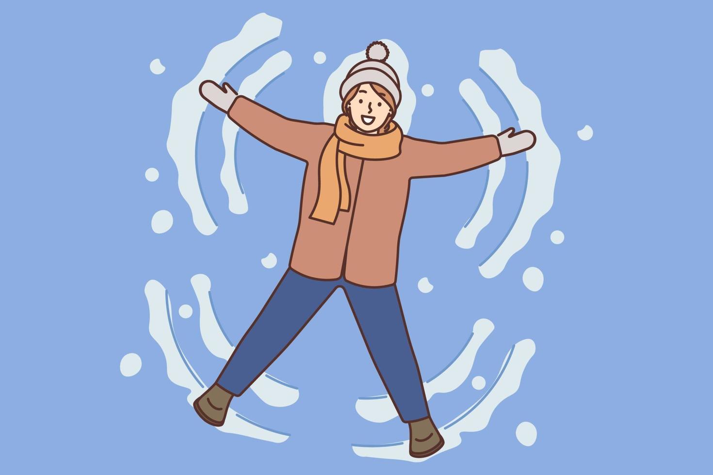 sonriente niña acostado en suelo haciendo nieve ángel. contento niño tener divertido disfrutar ocio actividad en invierno vacaciones. vector ilustración.