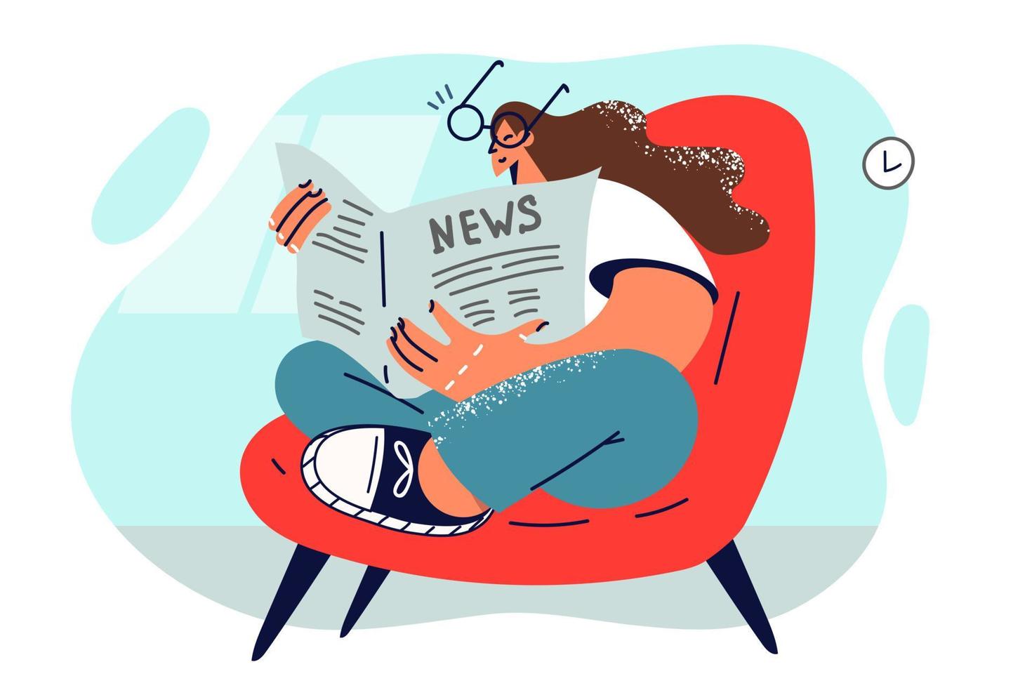 Woman reads newspaper sitting in comfortable chair to relax after work or to get latest news from press. Girl in glasses sits cross-legged with paper newspaper in hands enjoying loneliness vector