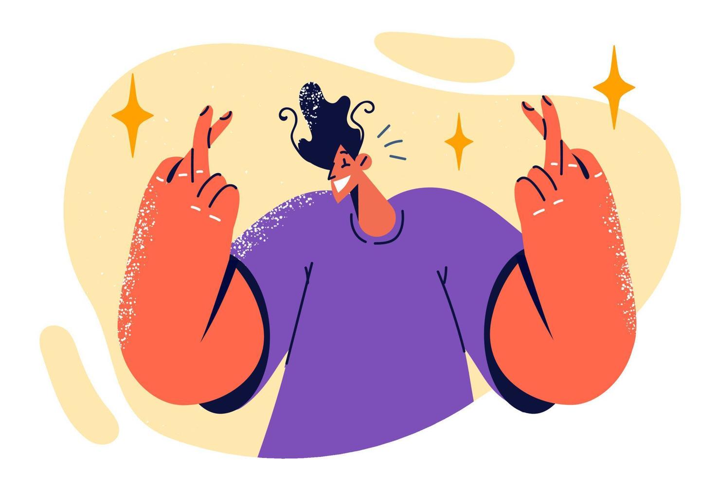 Superstitious man crosses fingers of two hands to make cherished wish and attract fortune and good luck. Smiling guy hopes for happy future and crosses fingers to make dream come true vector