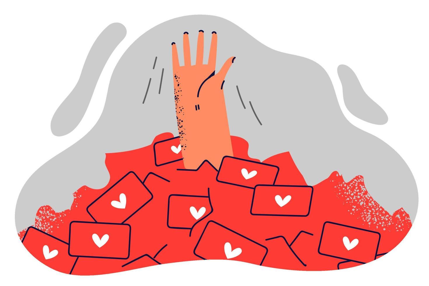 Hand of man drowning in likes symbolizing feedback in social networks for concept of addiction to Internet gadgets. Metaphor of cheating and black marketing when promoting account in social network vector