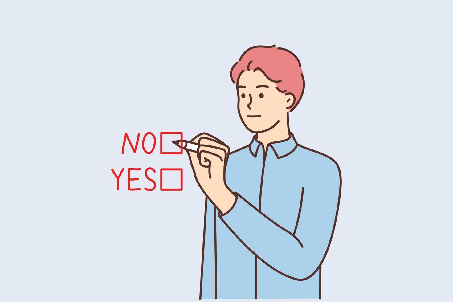 Frustrated man make choice check box. Confused male engaged in questionnaire or test. Decision and dilemma. Vector illustration.