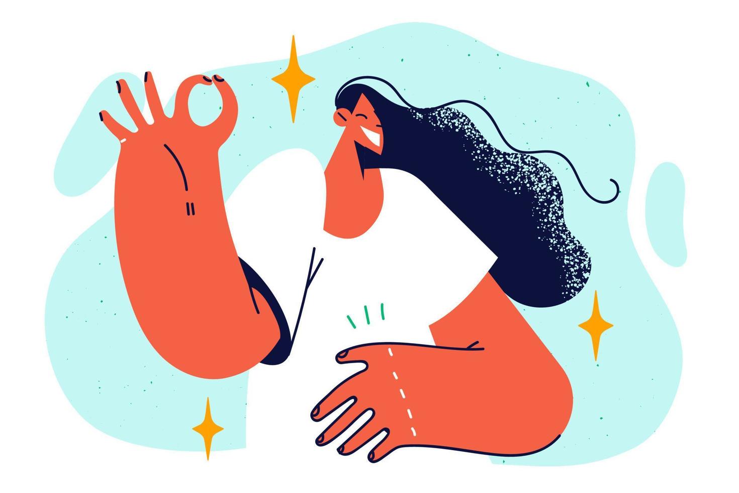 Woman shows OK gesture to report successful completion of job or to agree to proposed initiative. Girl shows ok sign with fingers for concept of confirmation and agreement with plans vector