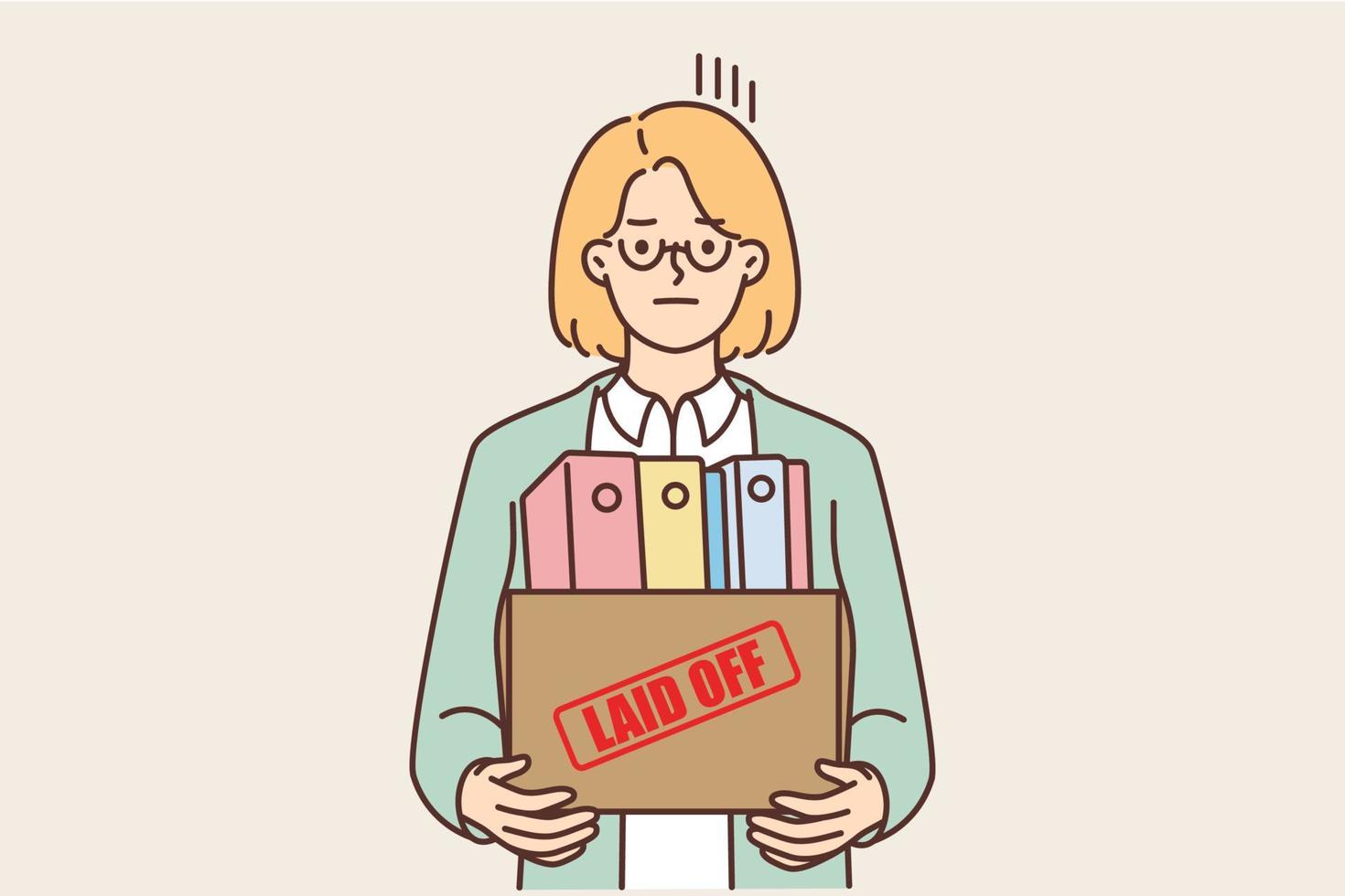 Distressed woman in glasses hold box with personal belongings fired from office. Unhappy female employee dismissed from company. Firing and dismissal. Vector illustration.