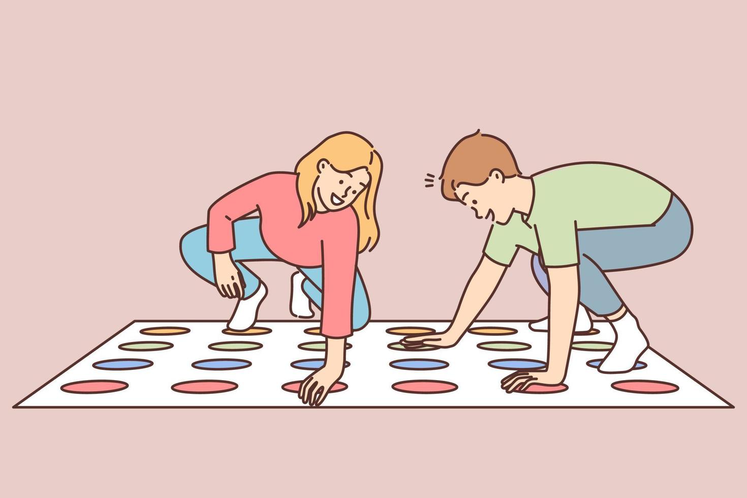 Happy kids playing twister together at home. Smiling boy and girl engaged in funny game playing. Vector illustration.