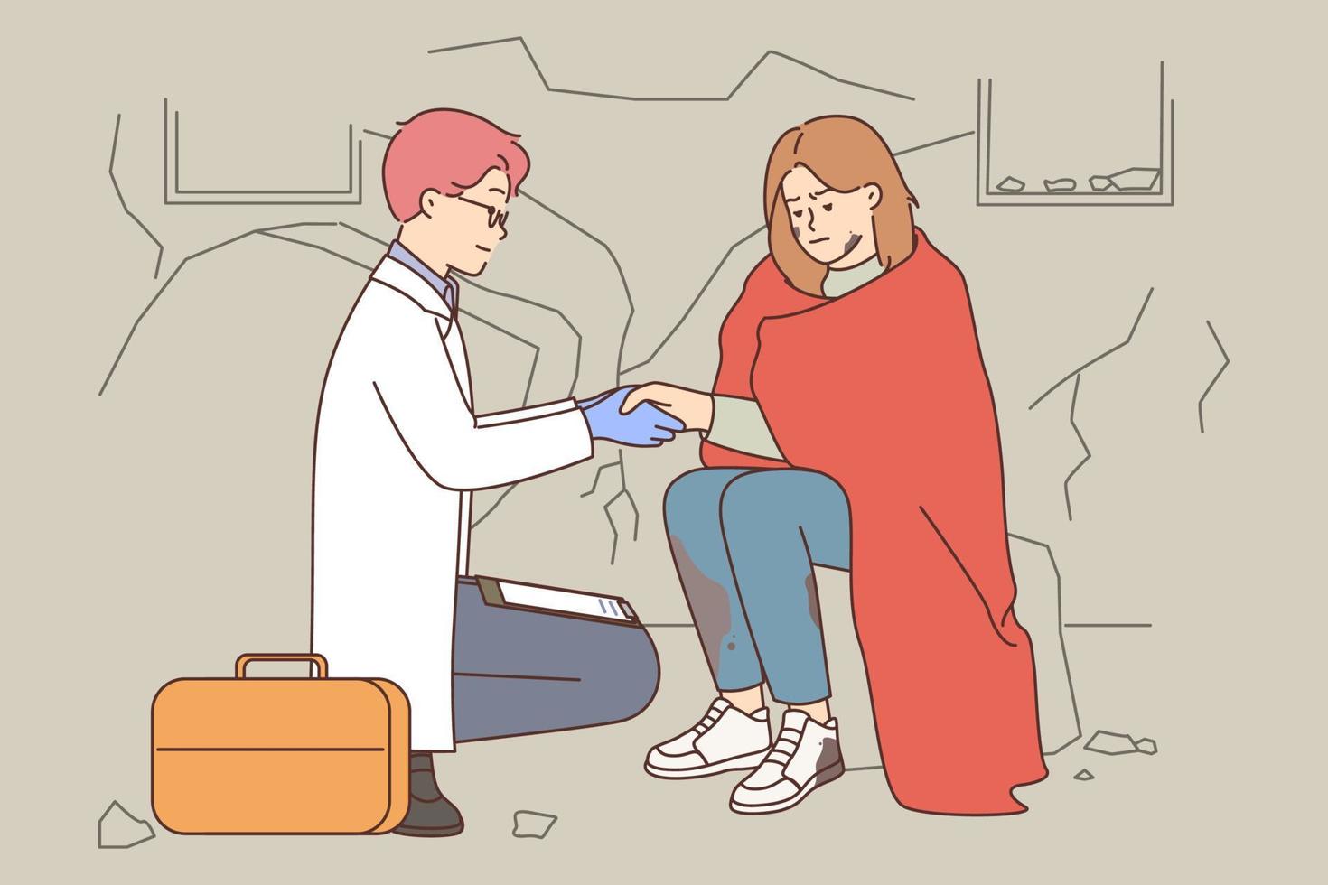 Male doctor help homeless woman sitting on street after natural disaster. Nurse or physician hold hand of unhappy girl suffering from earthquake. Vector illustration.