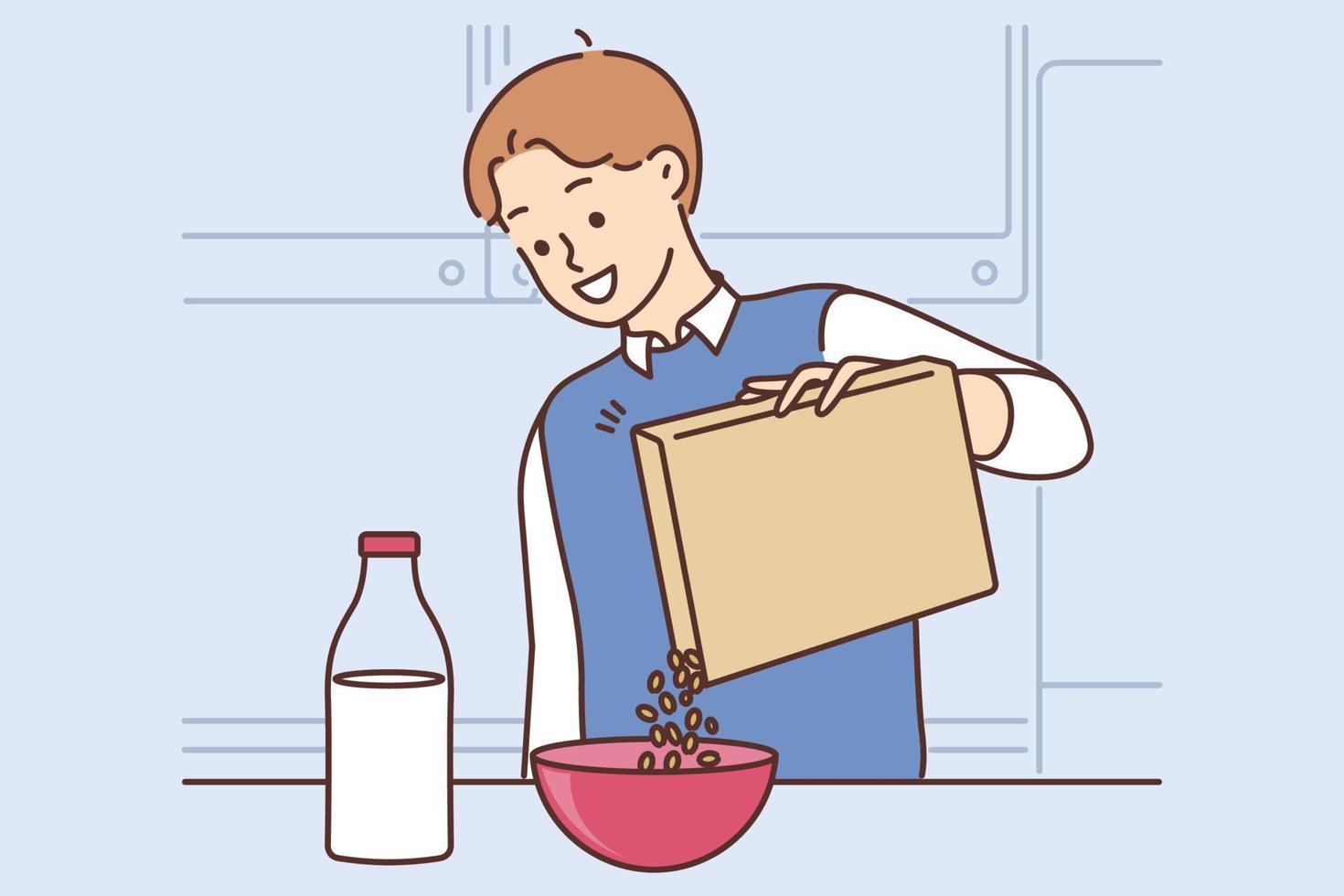 Smiling man eat cereal with milk at home. Happy guy prepare healthy granola for breakfast. Diet and nutrition. Vector illustration.