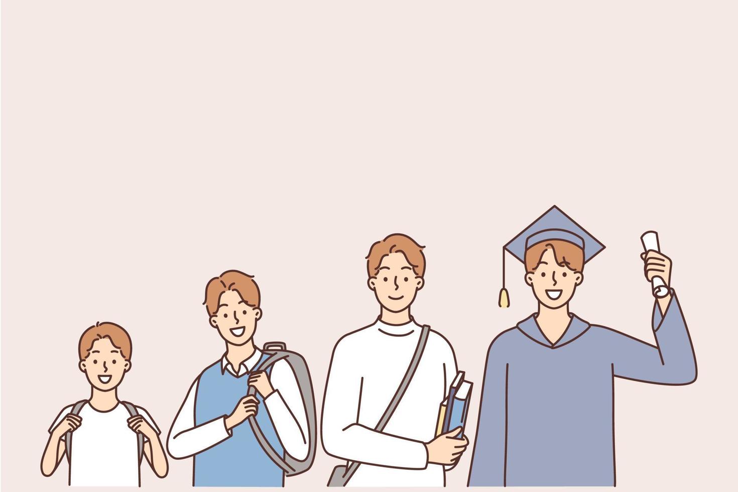 Characters of different ages - elementary school student, high school, college student, university student and graduate. Stages of growing up and growth of a student boy vector