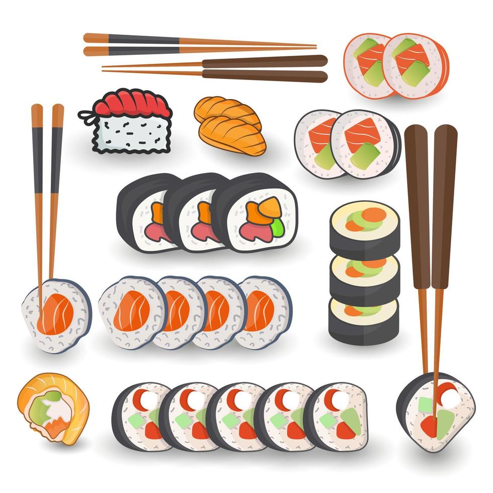 Big Set Of Sushi Illustrations Asian Food Set, Creative Design, And Clip Art. Premium Hi-Quality Creative Minimal Unique Food Style Illustration With Clip Art. vector