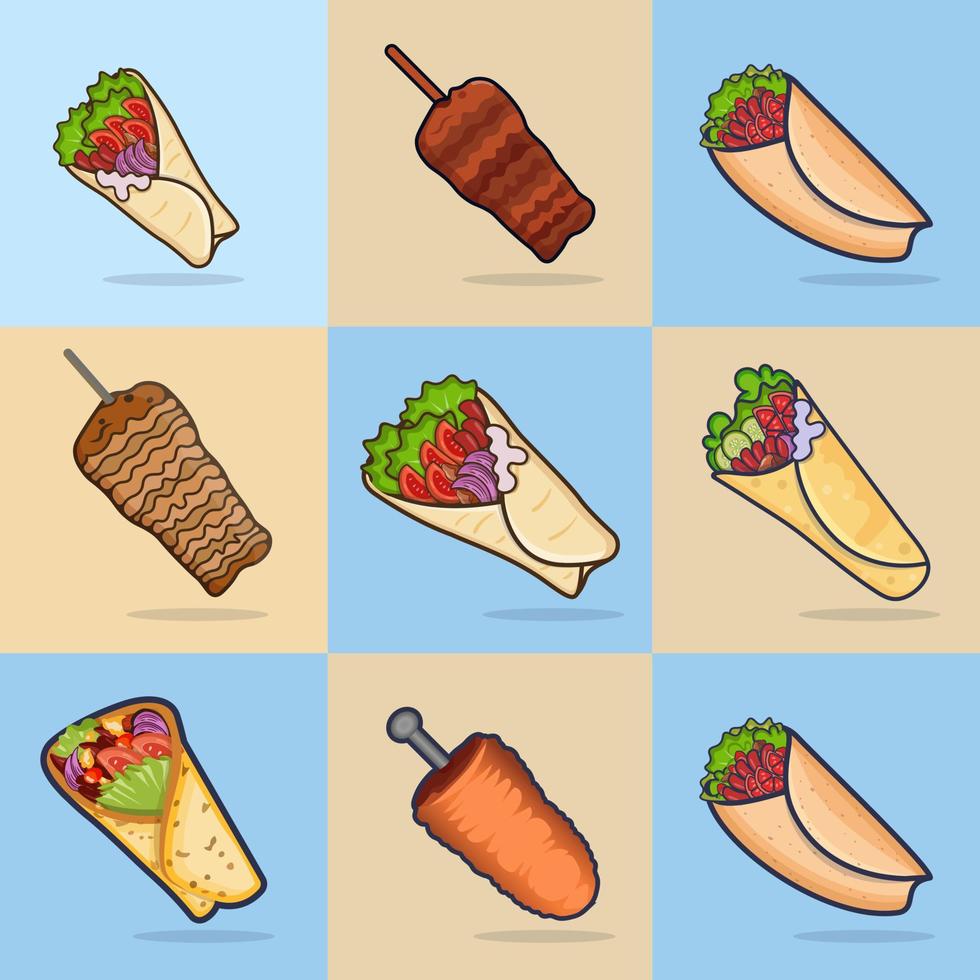 Shawarma Donner Kebab Vector Set, Modern Cooking Asian food Illustrations Premium Design. Modern Isolated Delicious Shawarma Vector With Hi-Quality Donner Kebab Illustration.