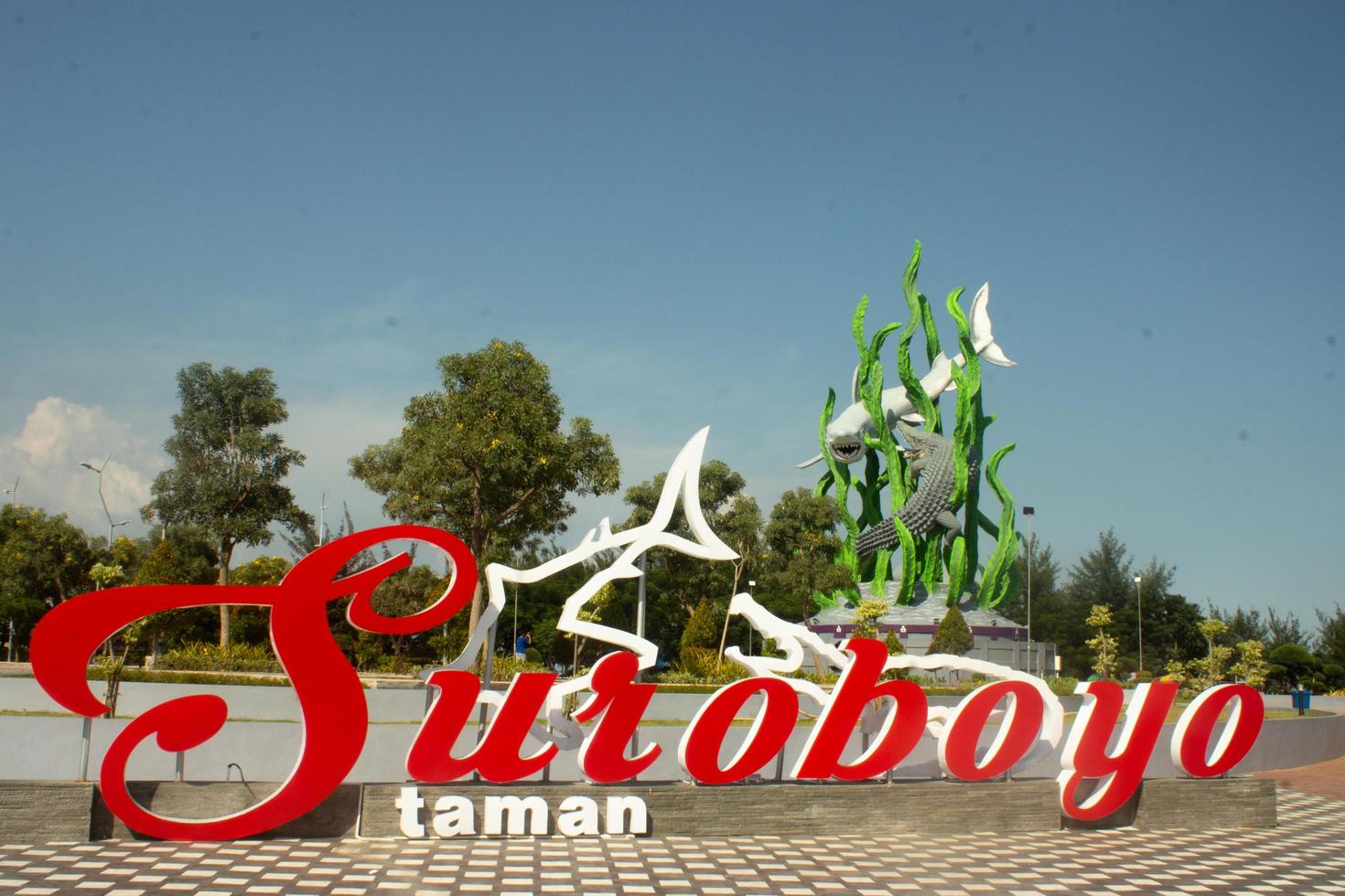 Sign board of Suroboyo Park, an attractive seaside park in Surabaya. photo