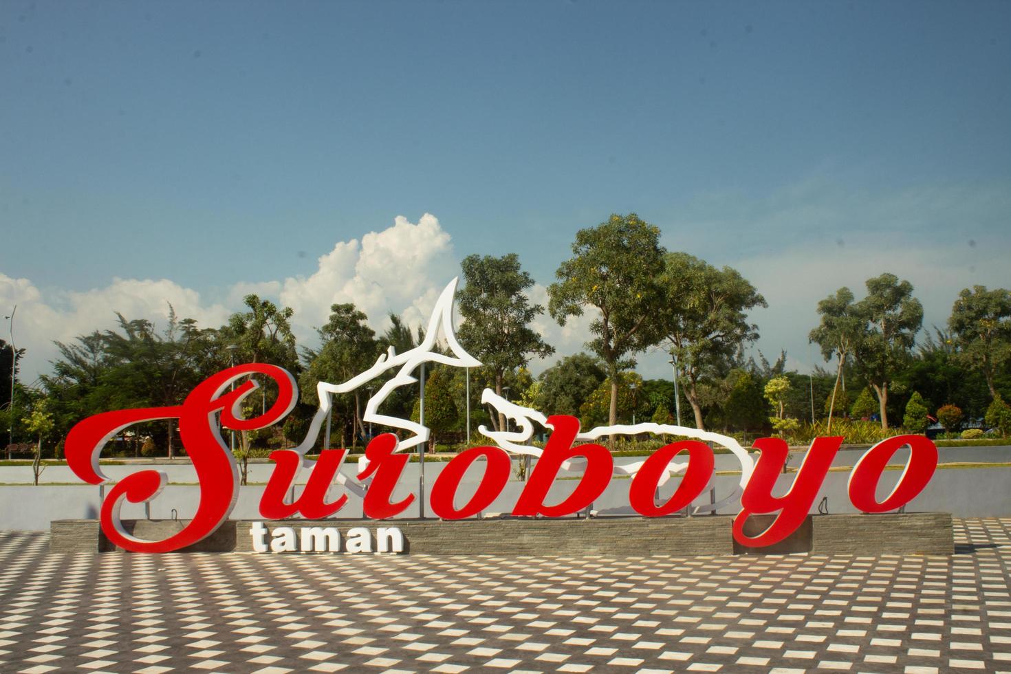 Sign board of Suroboyo Park, an attractive seaside park in Surabaya. photo