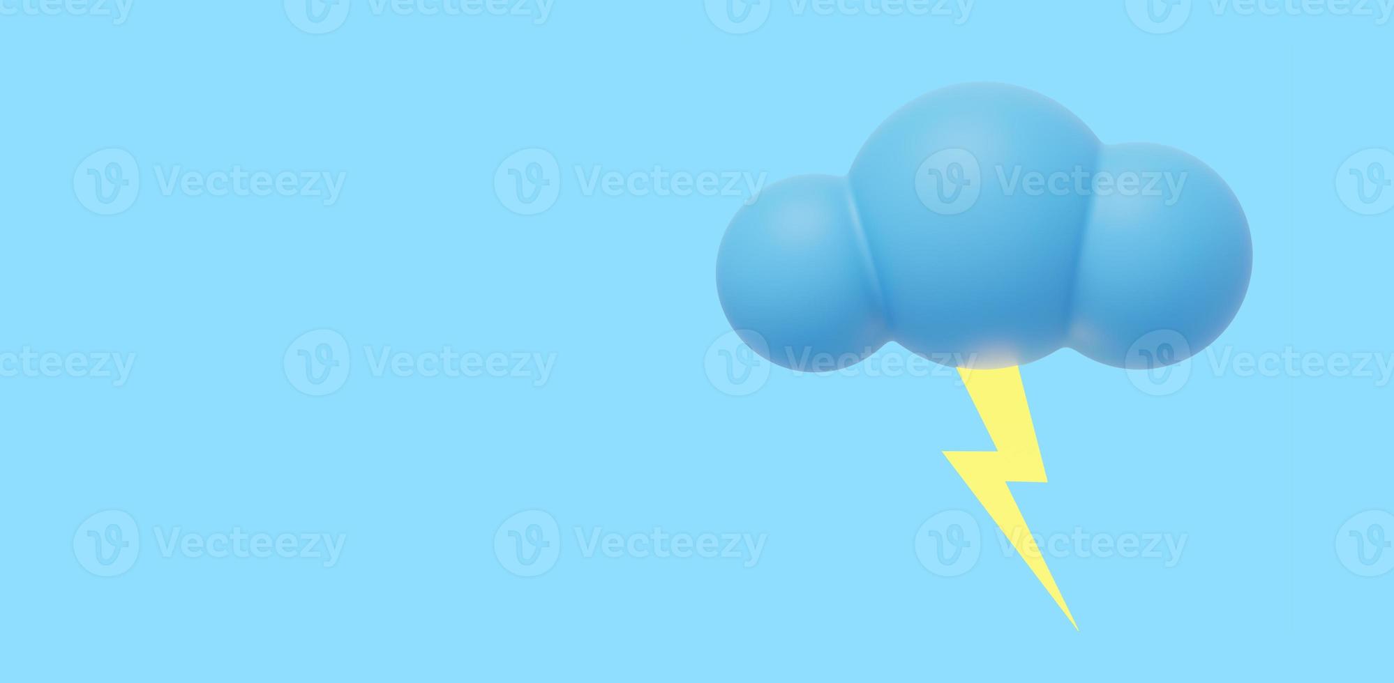 Blue cartoon cloud with lightning. 3D rendering. Icon on blue background, space for text. photo