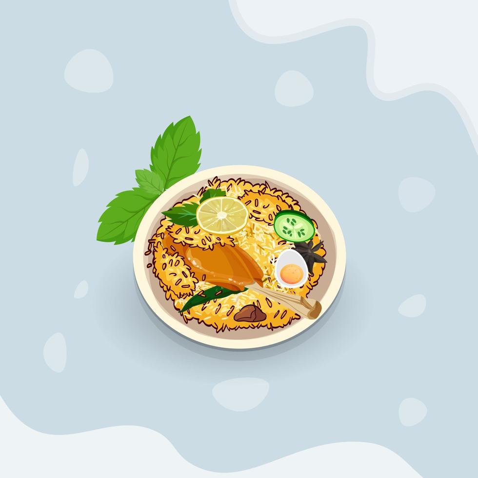 Creative Drawn Delicious Chicken Biryani On A Plate, Biryani Asian Food Illustrations, Creative Minimal Biryani Illustrations With Watercolor. vector