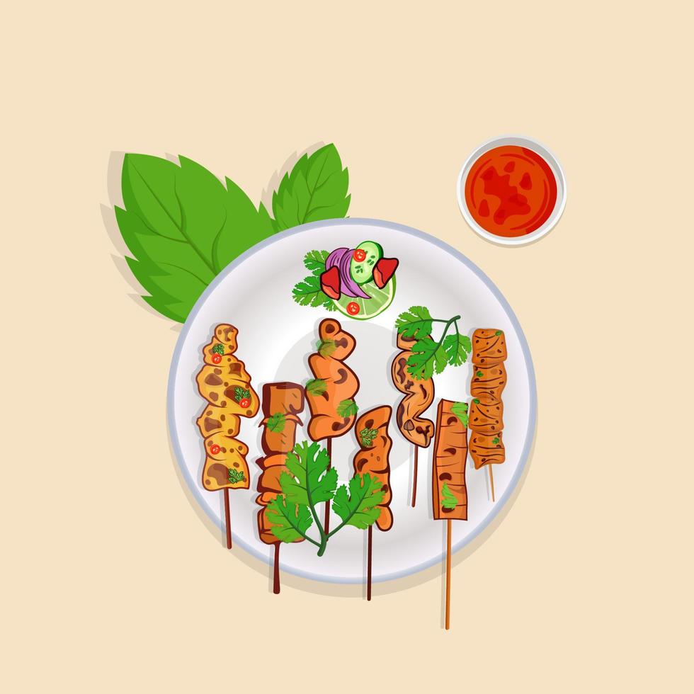 Creative Asian Food Satay Illustration Design, Quality Watercolor Background, Premium Vector. vector