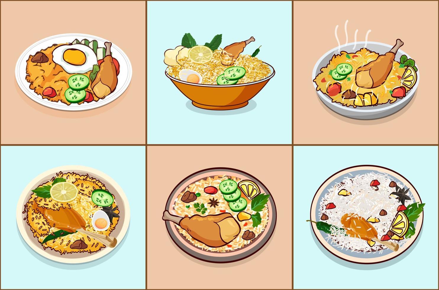 grande conjunto de Biryani ilustraciones, excelente asiático comida acuarela alta calidad prima vector diseños genial creativo mínimo Biryani ilustraciones