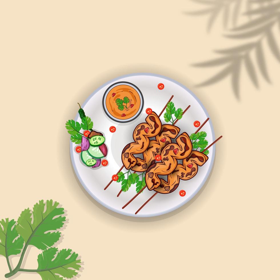 Drawn Satay Illustration, And Premium Watercolor Background, Best Satay Asian Food Premium Hi-Quality Creative Food Satay Illustration. vector