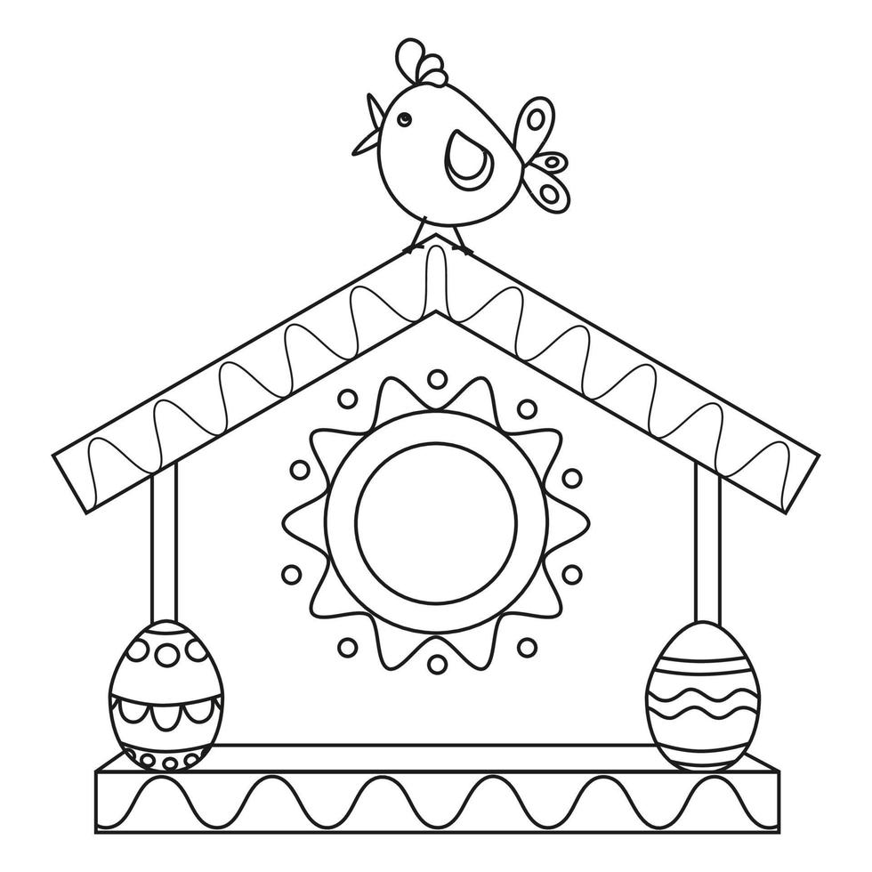 Bird feeder, birdhouse,  with Easter eggs with ornament, bird, chicken. Line art. vector