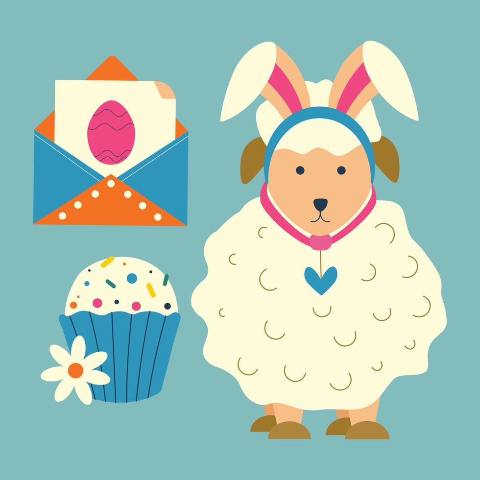 Pascua de Resurrección magdalena, oveja con Conejo orejas, sobre con tarjeta y huevo. color vector ilustración.