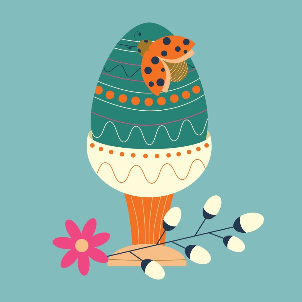 Easter egg in a stand with a blooming willow branch and a ladybug. Color vector illustration.