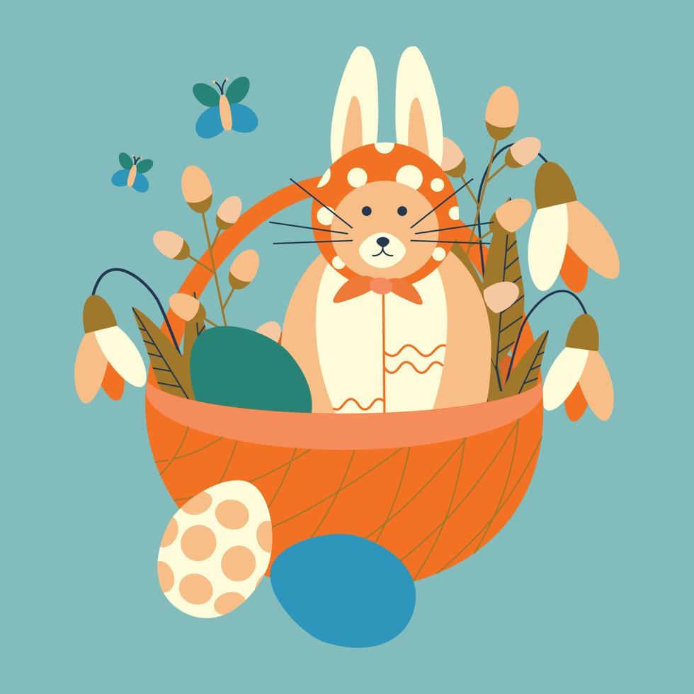 Easter basket with eggs, a cat with rabbit ears, and snowdrop flowers. vector