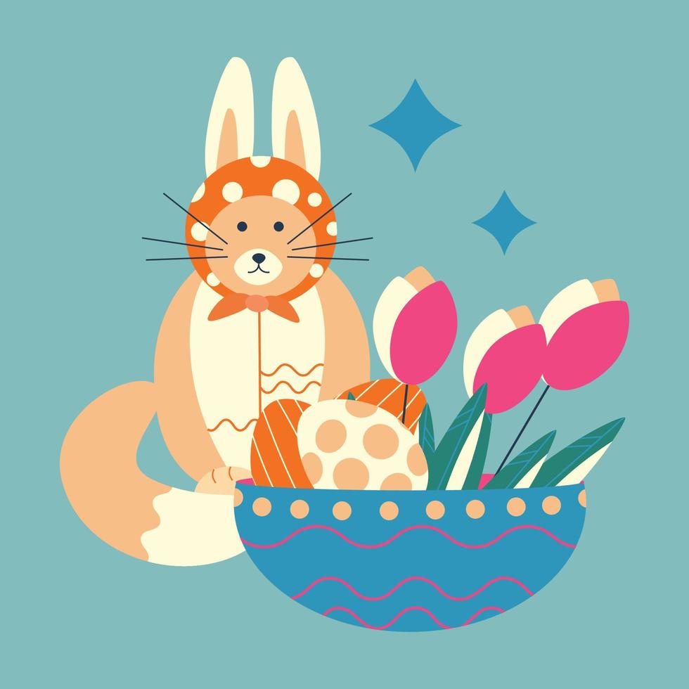 Easter cute cat with rabbit ears and a plate with Easter eggs and flowers, tulips. vector