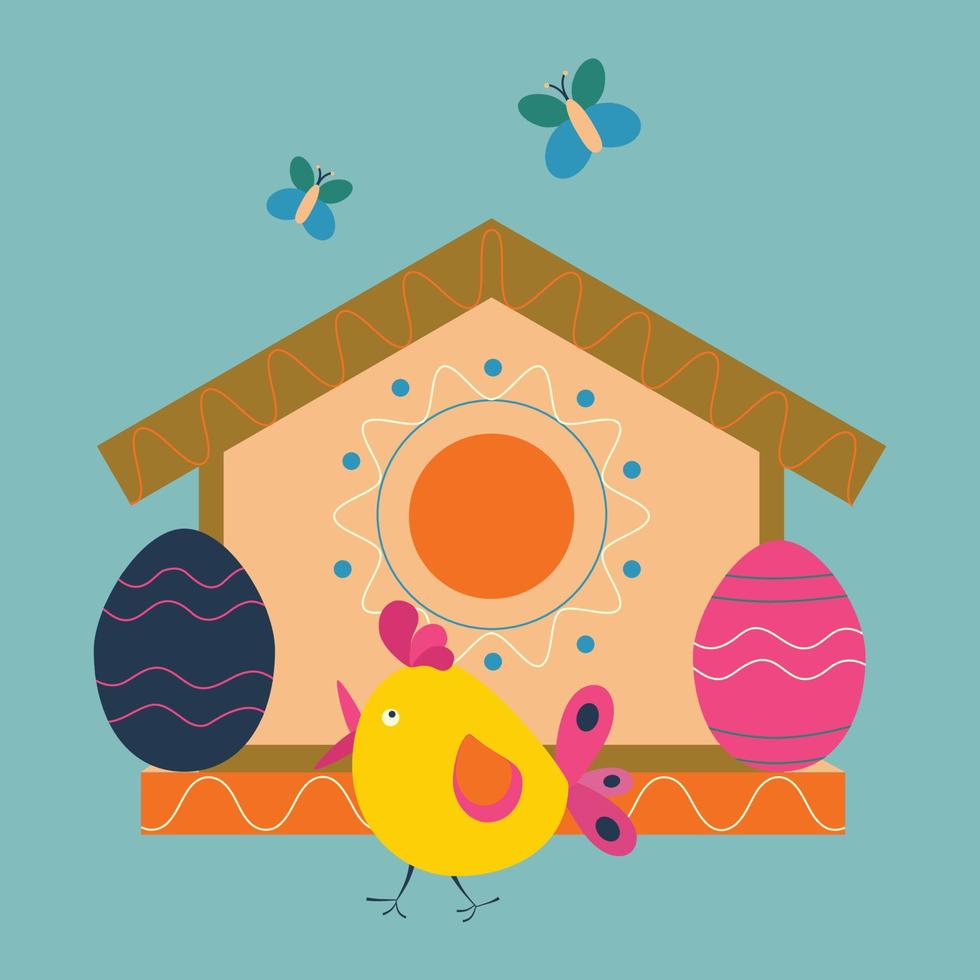 Easter eggs with patterns and a birdhouse with a bird. Color vector illustration.