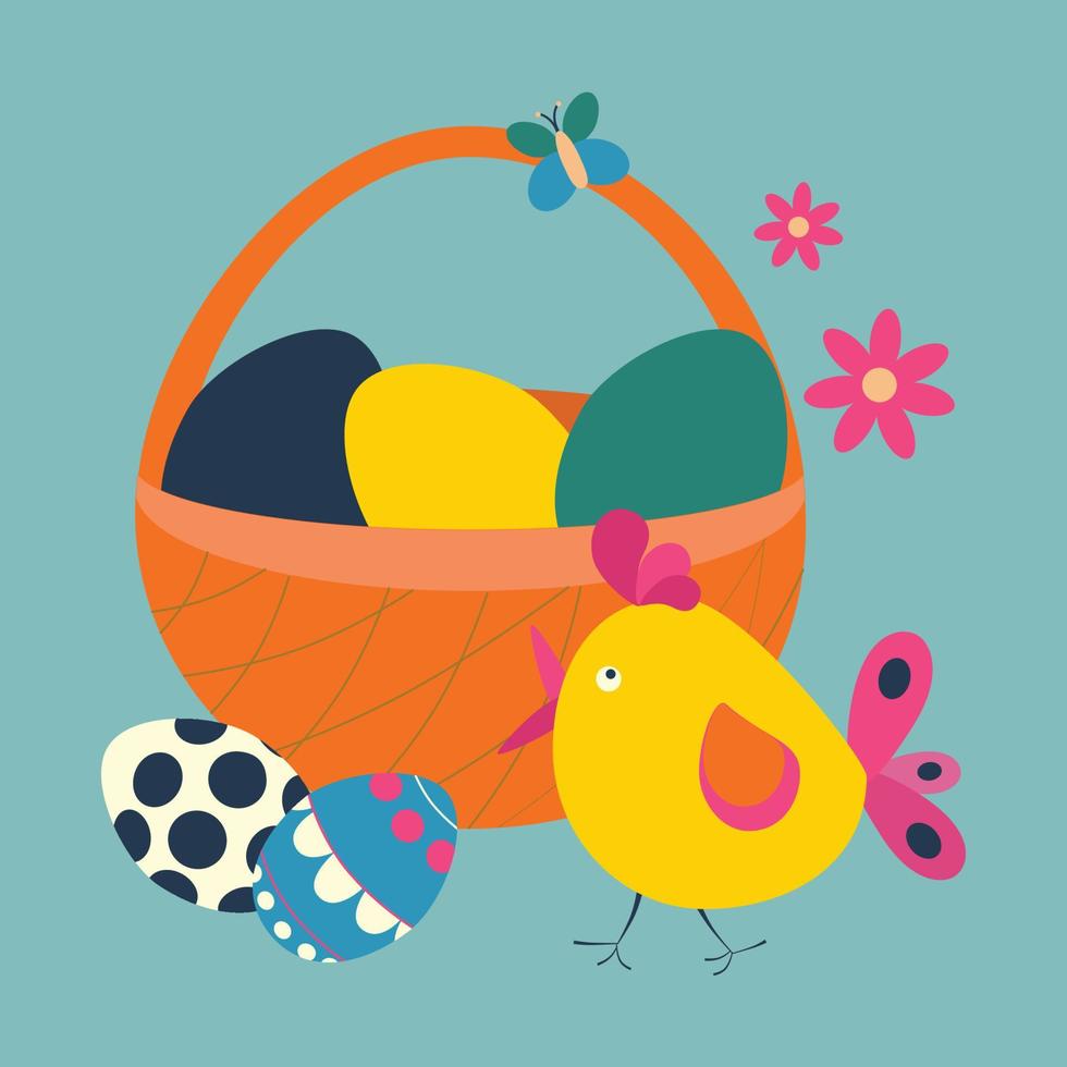 Easter basket with eggs, butterfly and bird, chicken. Color vector illustration.