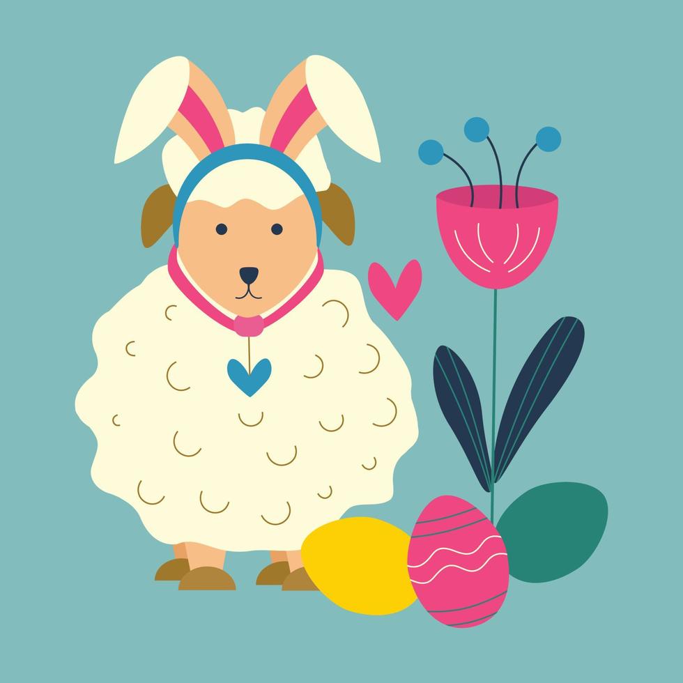 Easter eggs, a sheep with rabbit ears, and a flower. Color vector illustration.