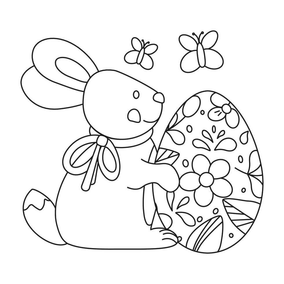 Easter bunny, a rabbit with an egg with a plant ornament and a bow on the neck, and butterflies. Line art. vector