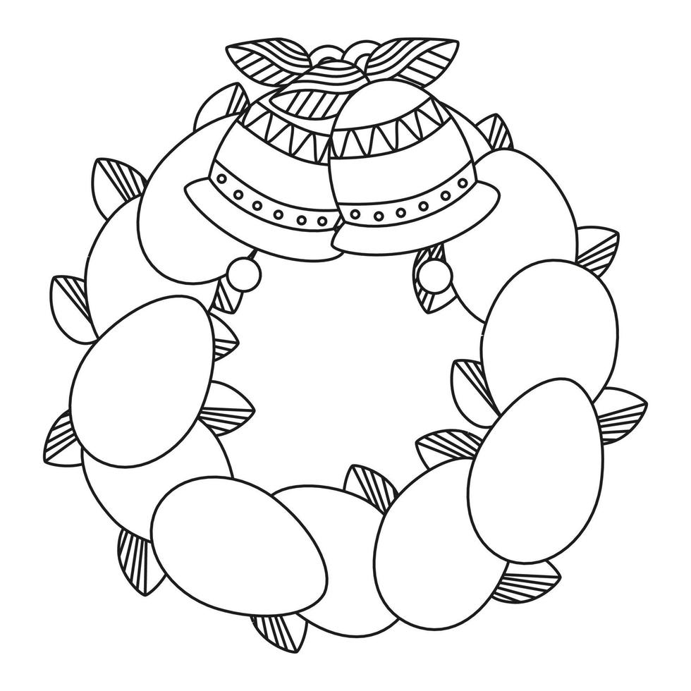 Easter wreath with leaves, eggs and bells. Line art. Vector illustration.