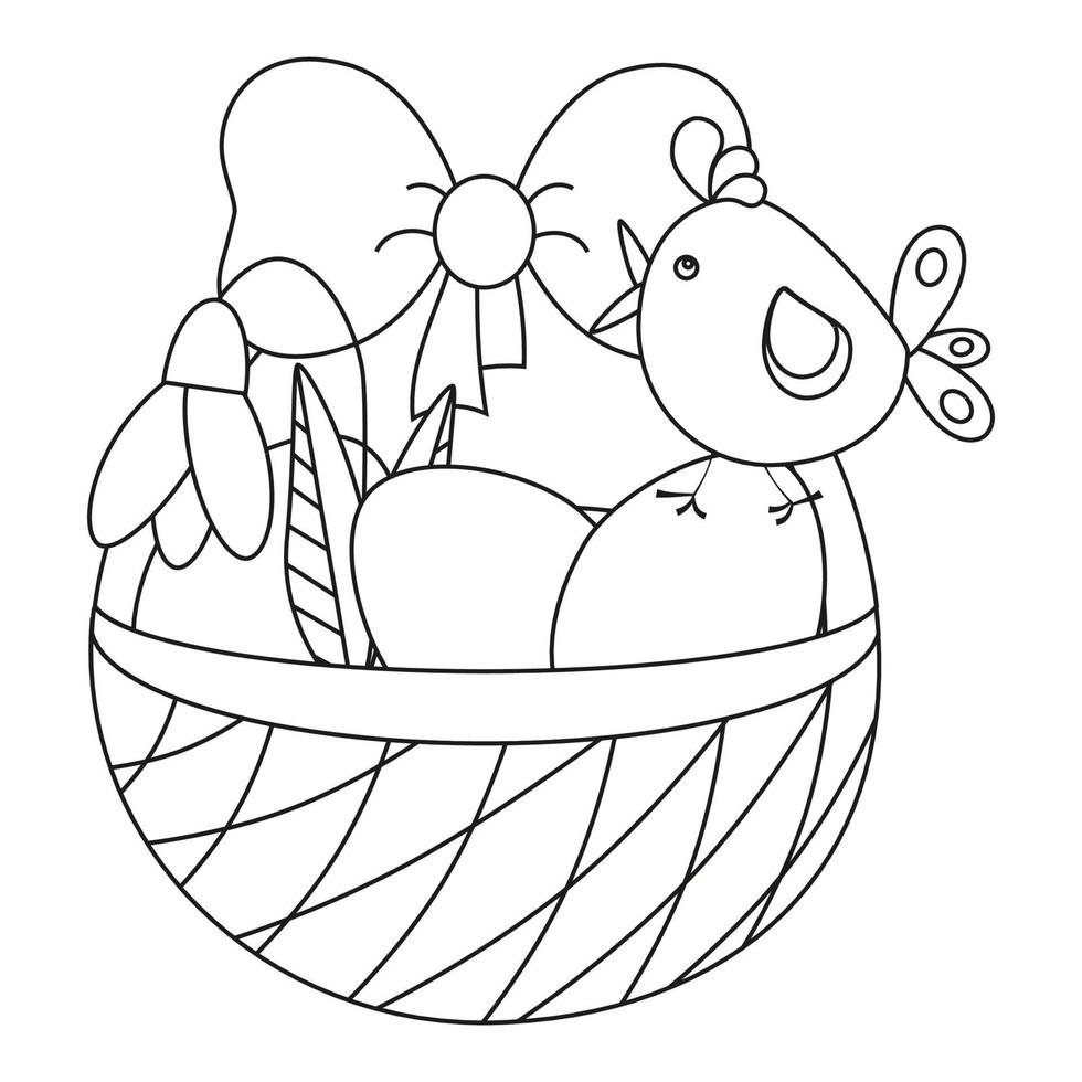Easter basket with eggs, bow, snowdrop flower and bird, chicken. Line art. vector